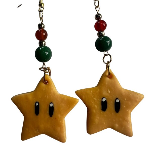 Yellow Stars with Green and Orange Beads Dangling Earrings - Picture 2 of 3